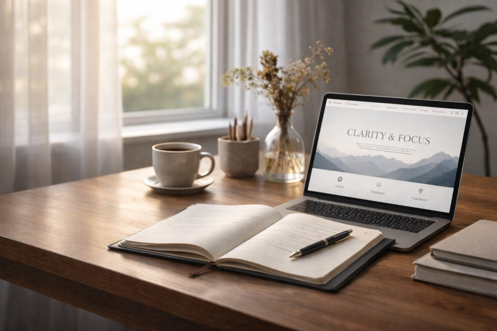 A softly lit workspace with an open notebook, pen, and laptop showing a clean minimal website layout, symbolizing clarity, focus, and purposeful vision.