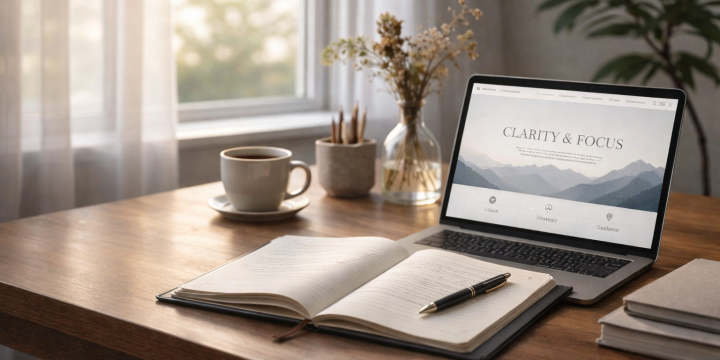 A softly lit workspace with an open notebook, pen, and laptop showing a clean minimal website layout, symbolizing clarity, focus, and purposeful vision.