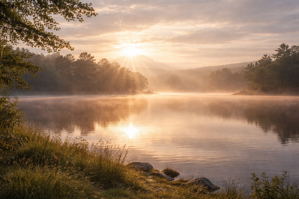 A peaceful scene of early morning light over a still landscape, with gentle sun rays emerging through soft clouds, symbolizing patience, timing, and quiet preparation.