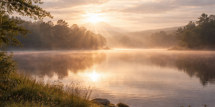 A peaceful scene of early morning light over a still landscape, with gentle sun rays emerging through soft clouds, symbolizing patience, timing, and quiet preparation.