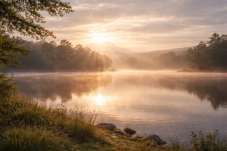 A peaceful scene of early morning light over a still landscape, with gentle sun rays emerging through soft clouds, symbolizing patience, timing, and quiet preparation.