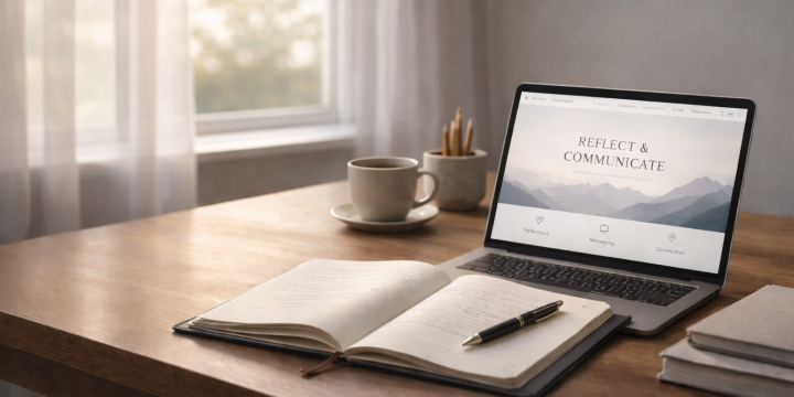 A quiet, minimal workspace with a journal open beside a laptop displaying a clean website layout, with soft light symbolizing reflection, communication, and intentional expression.