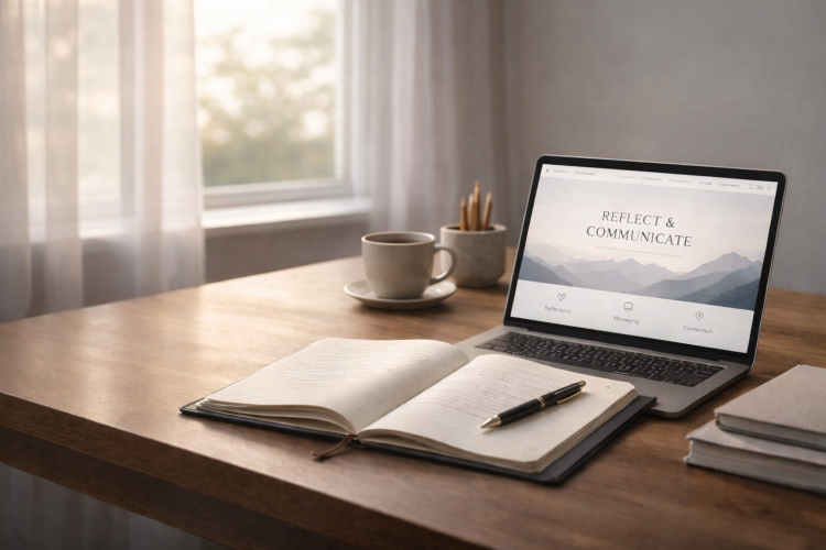 A quiet, minimal workspace with a journal open beside a laptop displaying a clean website layout, with soft light symbolizing reflection, communication, and intentional expression.